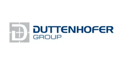 Duttenhofer Group Logo mit grauem stilisiertem ‚D‘-Symbol links und blauem Schriftzug ‚Duttenhofer Group‘ rechts – Symbol für die Handels- und Dienstleistungsgruppe im Bereich Technik und Elektronik.